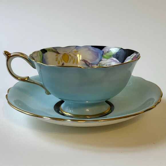 Paragon Tea Cup & Saucer HM the Queen Mary by Appointment teal/gold - Picture 12 of 12